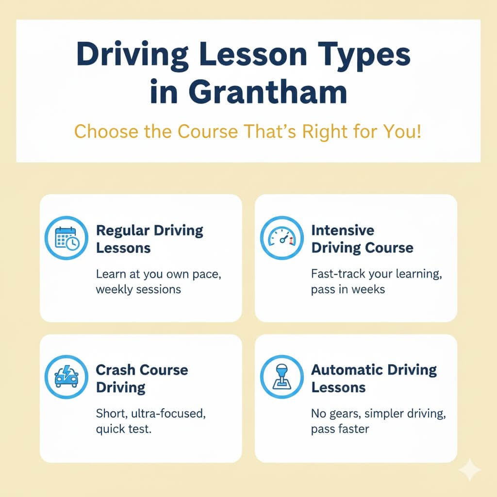 Infographic listing four types of driving lessons in Grantham: Regular, Intensive Course, Crash Course, and Automatic lessons